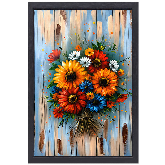 Levendige en kleurrijke bloemen op blauwe achtergrond canvas met baklijst