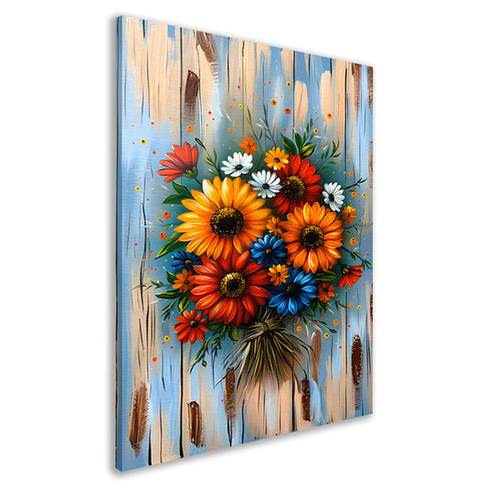 Levendige en kleurrijke bloemen op blauwe achtergrond canvas