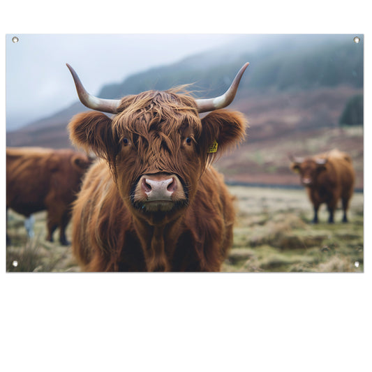 Schotse hooglander in mistig landschap tuinposter