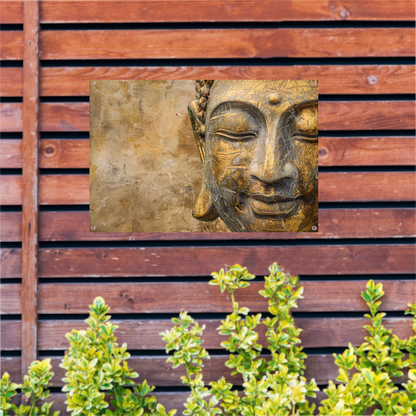 Gouden Boeddha portret op verweerde achtergrond tuinposter