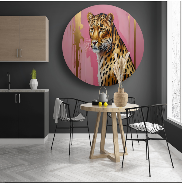 Elegant Goud Luipaard tegen Roze Canvas aluminium muurcirkel