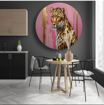 Elegant Goud Luipaard tegen Roze Canvas aluminium muurcirkel
