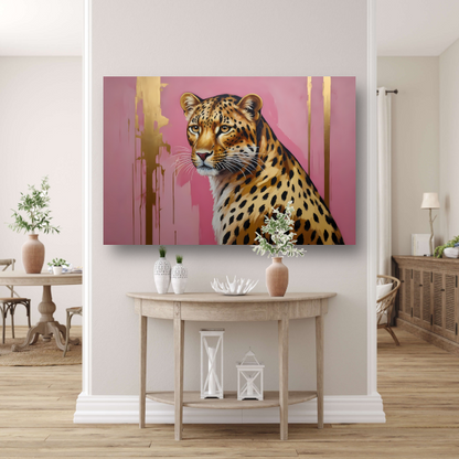 Elegant Goud Luipaard tegen Roze Canvas canvas met baklijst