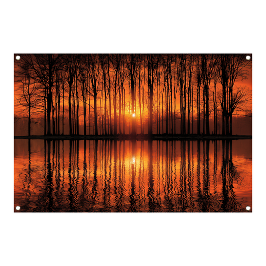 Mystieke zonsondergang in bos bij meer tuinposter