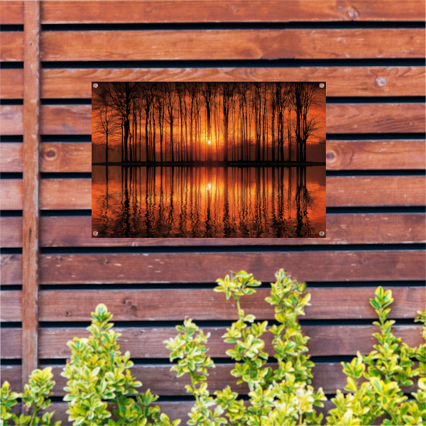 Mystieke zonsondergang in bos bij meer tuinposter