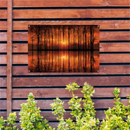 Mystieke zonsondergang in bos bij meer tuinposter