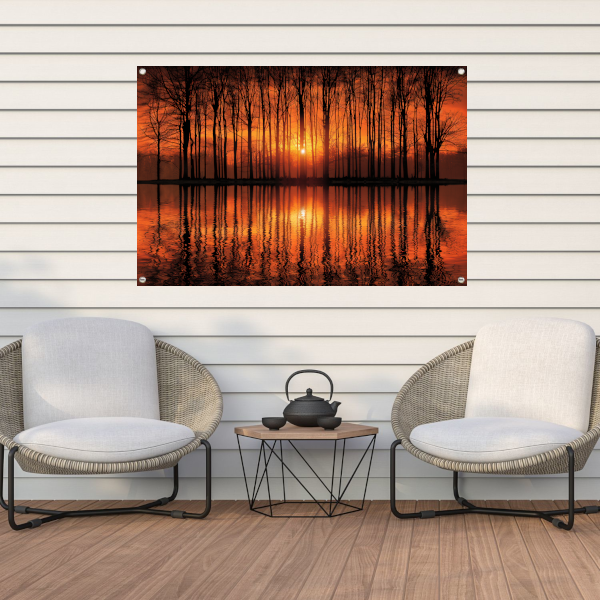 Mystieke zonsondergang in bos bij meer tuinposter