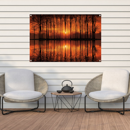 Mystieke zonsondergang in bos bij meer tuinposter