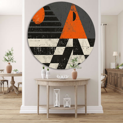 Minimalistisch geometrisch ontwerp met oranje accenten aluminium muurcirkel