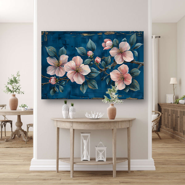 Prachtige bloemen op blauwe achtergrond canvas