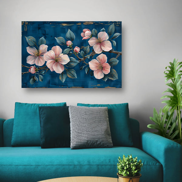 Prachtige bloemen op blauwe achtergrond canvas met baklijst