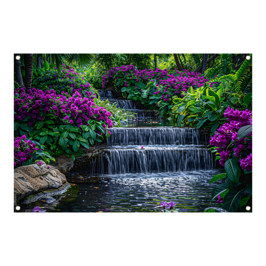 Enchanted garden with colorful flowers and cascading waterfall tuinposter