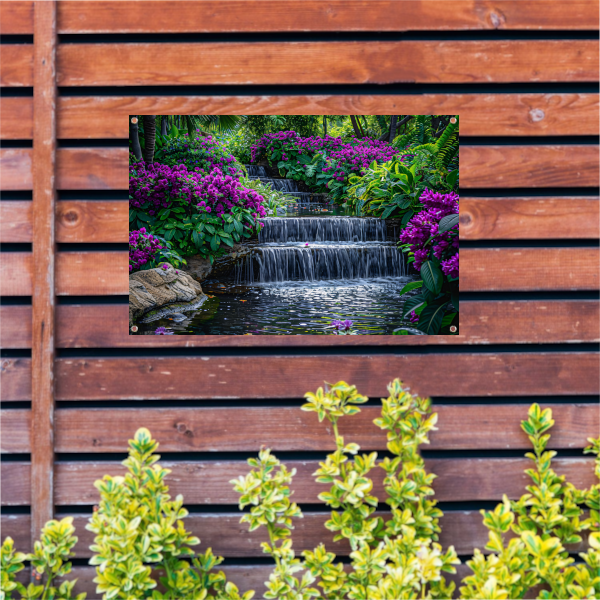Enchanted garden with colorful flowers and cascading waterfall tuinposter
