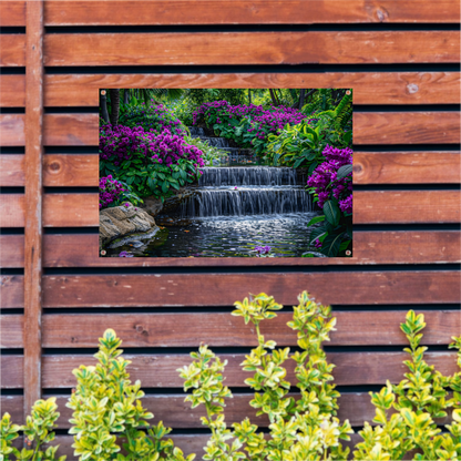 Enchanted garden with colorful flowers and cascading waterfall tuinposter
