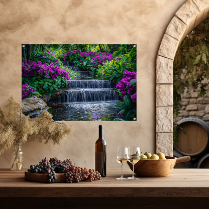 Enchanted garden with colorful flowers and cascading waterfall tuinposter