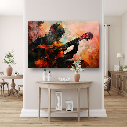 Abstracte silhouet van gitarist in kleuren   poster