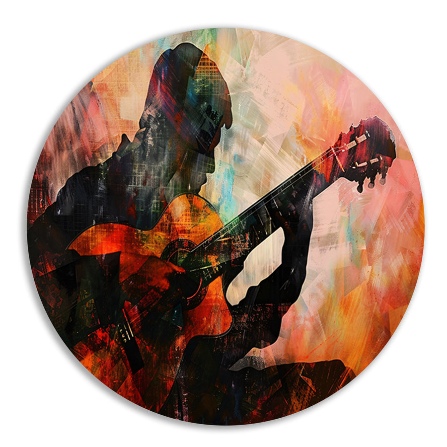 Abstracte silhouet van gitarist in kleuren   forex muurcirkel