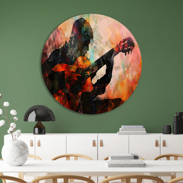 Abstracte silhouet van gitarist in kleuren   forex muurcirkel