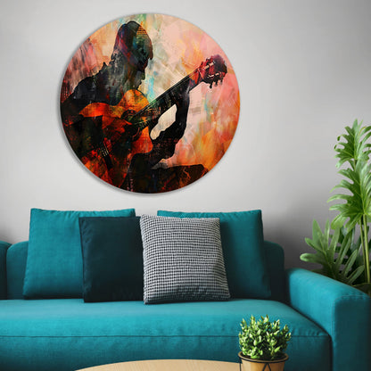 Abstracte silhouet van gitarist in kleuren   forex muurcirkel