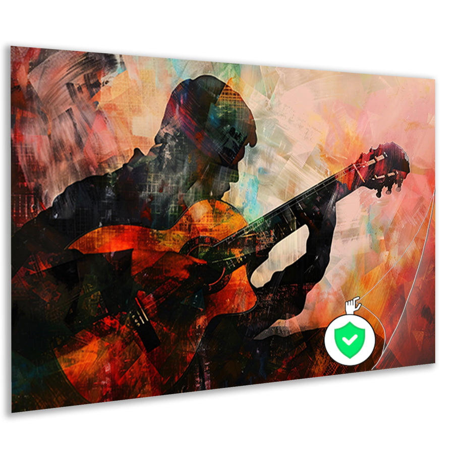 Abstracte silhouet van gitarist in kleuren   poster