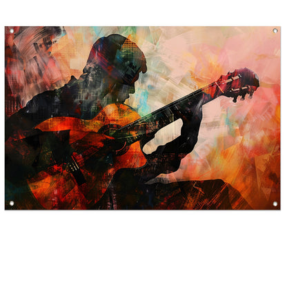 Abstracte silhouet van gitarist in kleuren   tuinposter