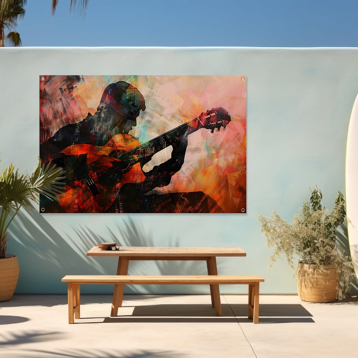 Abstracte silhouet van gitarist in kleuren   tuinposter