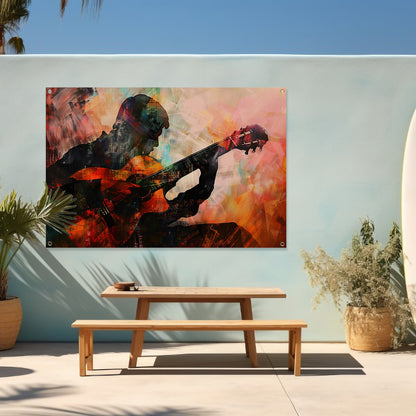 Abstracte silhouet van gitarist in kleuren   tuinposter