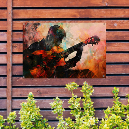 Abstracte silhouet van gitarist in kleuren   tuinposter