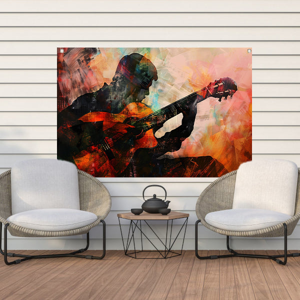 Abstracte silhouet van gitarist in kleuren   tuinposter
