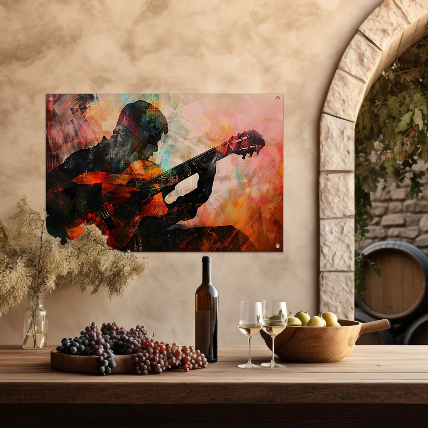 Abstracte silhouet van gitarist in kleuren   tuinposter