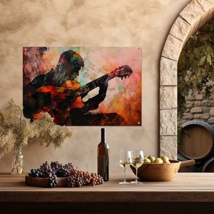 Abstracte silhouet van gitarist in kleuren   tuinposter