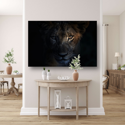 Indringende leeuwenblik in schemerige duisternis acrylglas