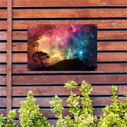 Silhouetboom tegen sterrenhemel tuinposter
