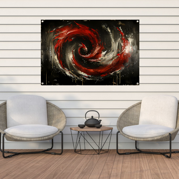 Dynamische abstracte werveling in rood en zwart tuinposter