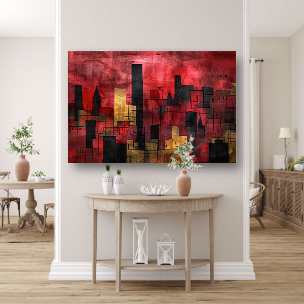 Abstracte digitale skyline kunst in levendige kleuren acrylglas