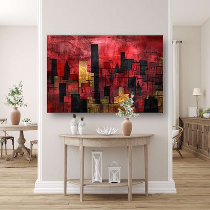Abstracte digitale skyline kunst in levendige kleuren canvas met baklijst