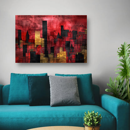 Abstracte digitale skyline kunst in levendige kleuren canvas met baklijst