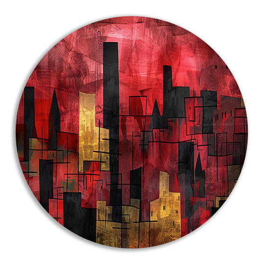Abstracte digitale skyline kunst in levendige kleuren aluminium muurcirkel