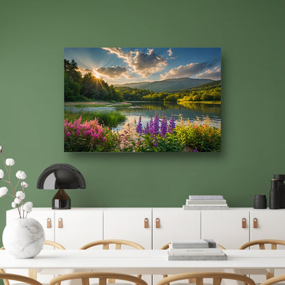 Zonsondergang over bloemenveld en meer poster