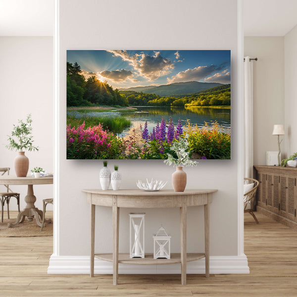 Zonsondergang over bloemenveld en meer poster