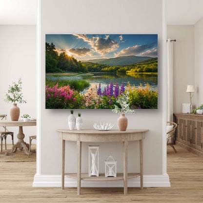 Zonsondergang over bloemenveld en meer poster