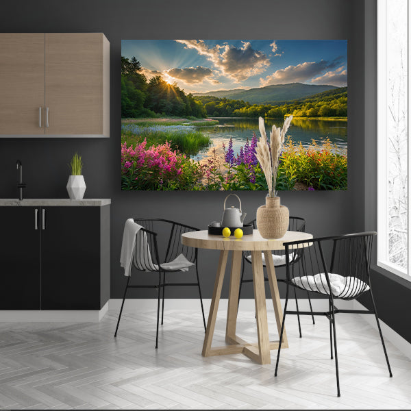 Zonsondergang over bloemenveld en meer poster
