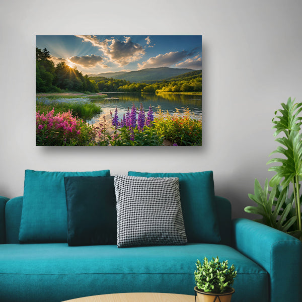 Zonsondergang over bloemenveld en meer poster