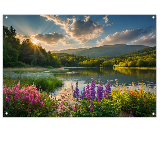 Zonsondergang over bloemenveld en meer tuinposter