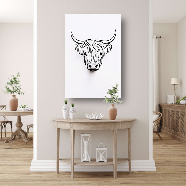 Zwart-witte minimalistische Schotse hooglander lijnillustratie poster