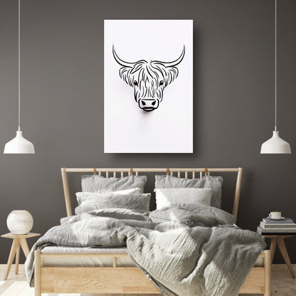 Zwart-witte minimalistische Schotse hooglander lijnillustratie poster