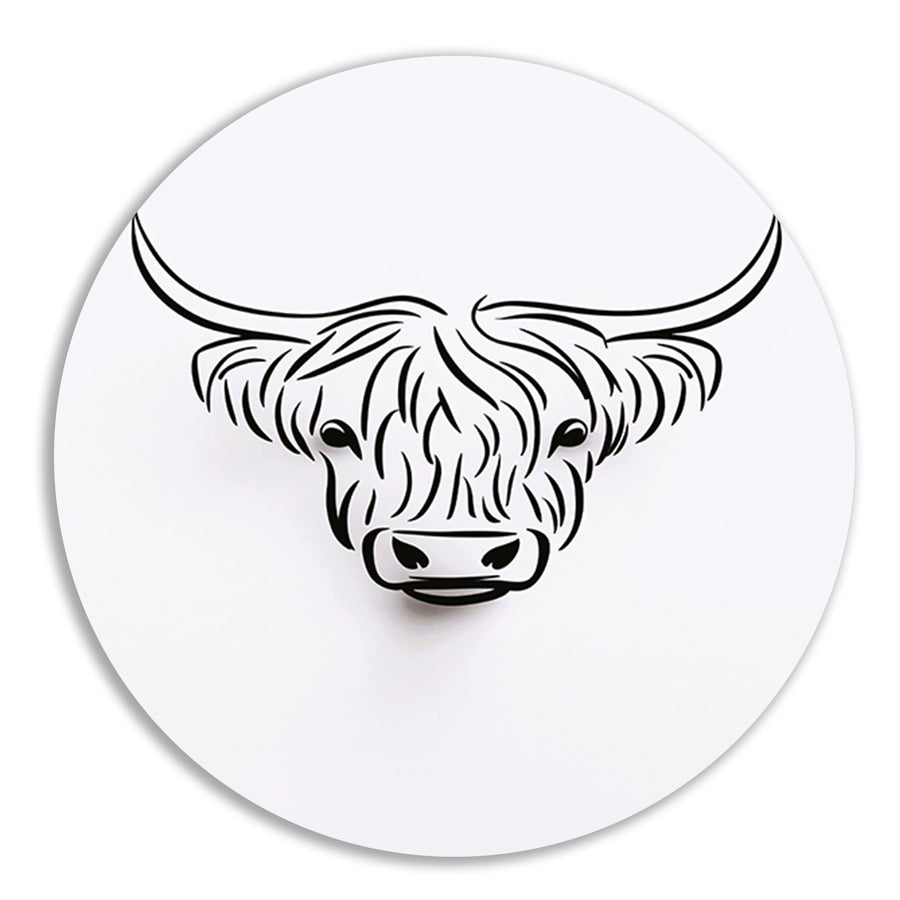 Zwart-witte minimalistische Schotse hooglander lijnillustratie forex muurcirkel