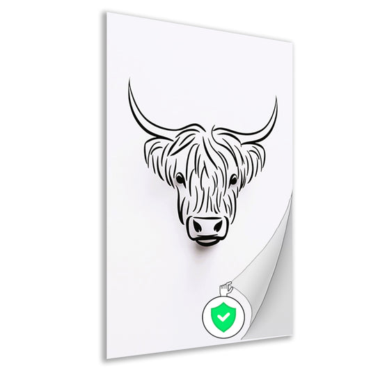 Zwart-witte minimalistische Schotse hooglander lijnillustratie poster