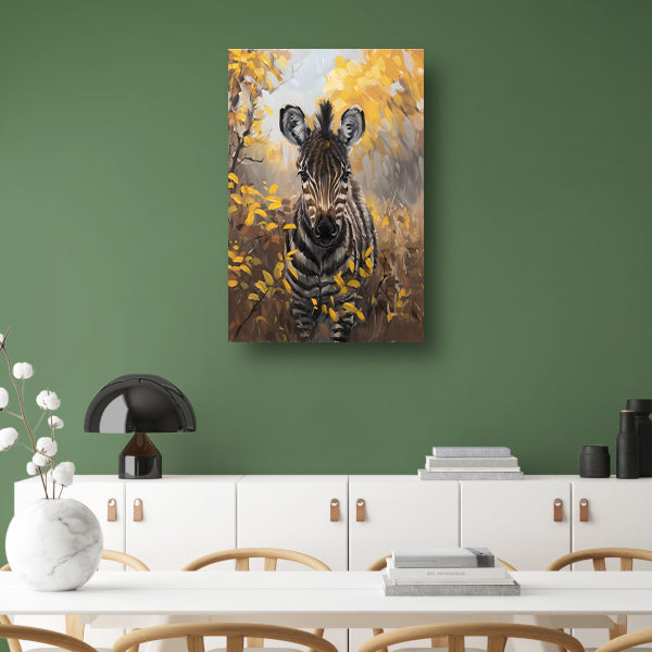 Surrealistische zebra in herfstachtige omgeving canvas met baklijst