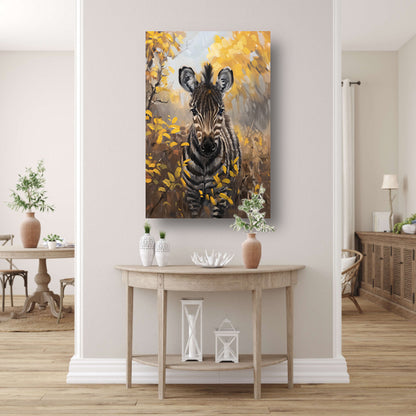 Surrealistische zebra in herfstachtige omgeving canvas met baklijst